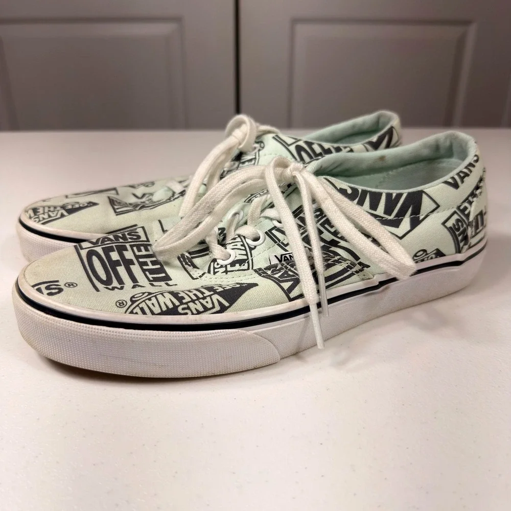 Vans Authentic Off The Wall Logo Print Mint Green Sneakers Womens 8.5